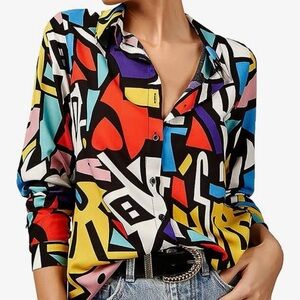 Big Dart Shirt Retro Pop Art 90s Button Up Y2K Geo Colorful Hi Lo EU42 Small Top